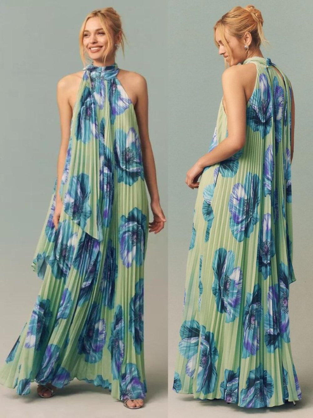BHLDN Rosie Dress Green Floral Mock Neck Pleated Chiffon Maxi Size S